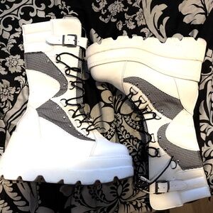 White Platform Mid Calf Combat Boots